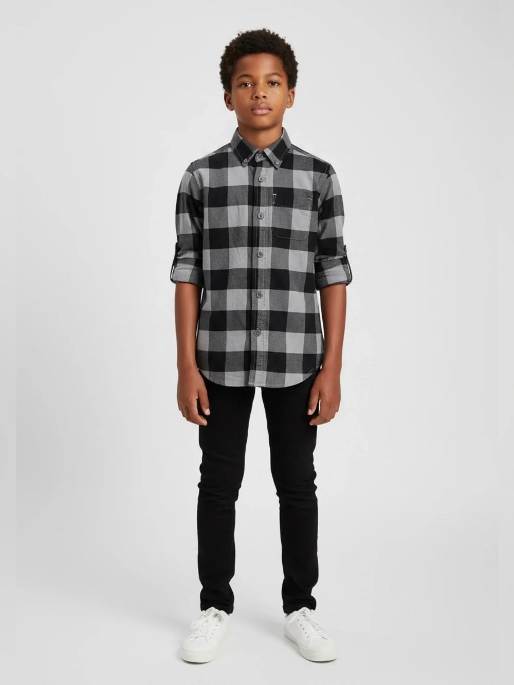 PLACE•Black & Gray Buffalo Plaid Button Down Shirt•S